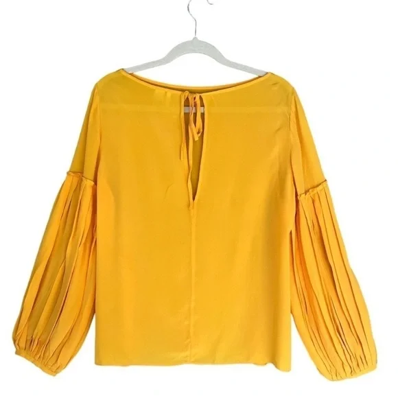 Lewit Silk Pleated Sleeve Blouse Yellow Keyhole Back Top M - Picture 5 of 10